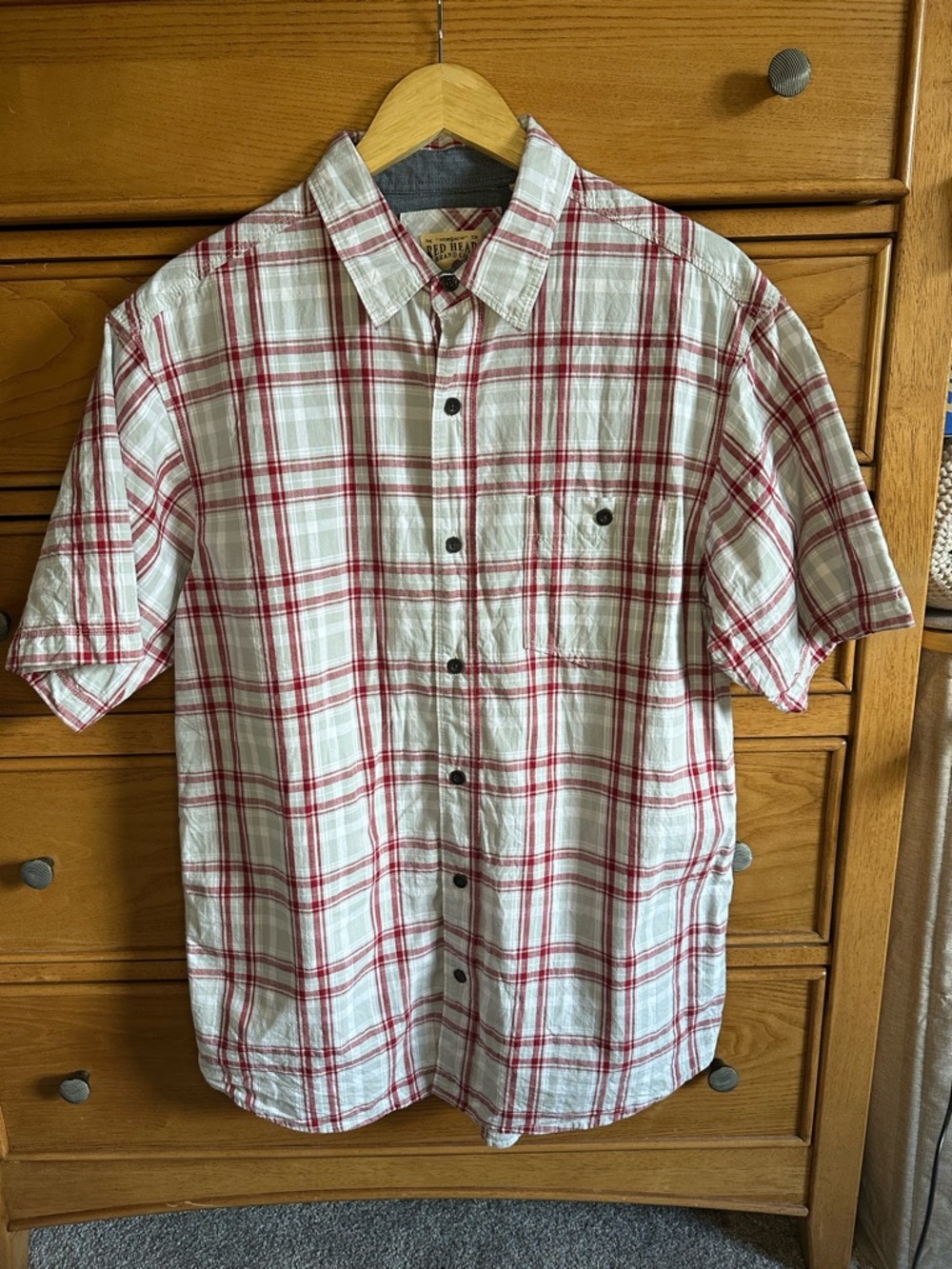 Red Head Brand Co. 100% Cotton Red Striped Plaid Mens Short Sleeve Sz L Outdoor